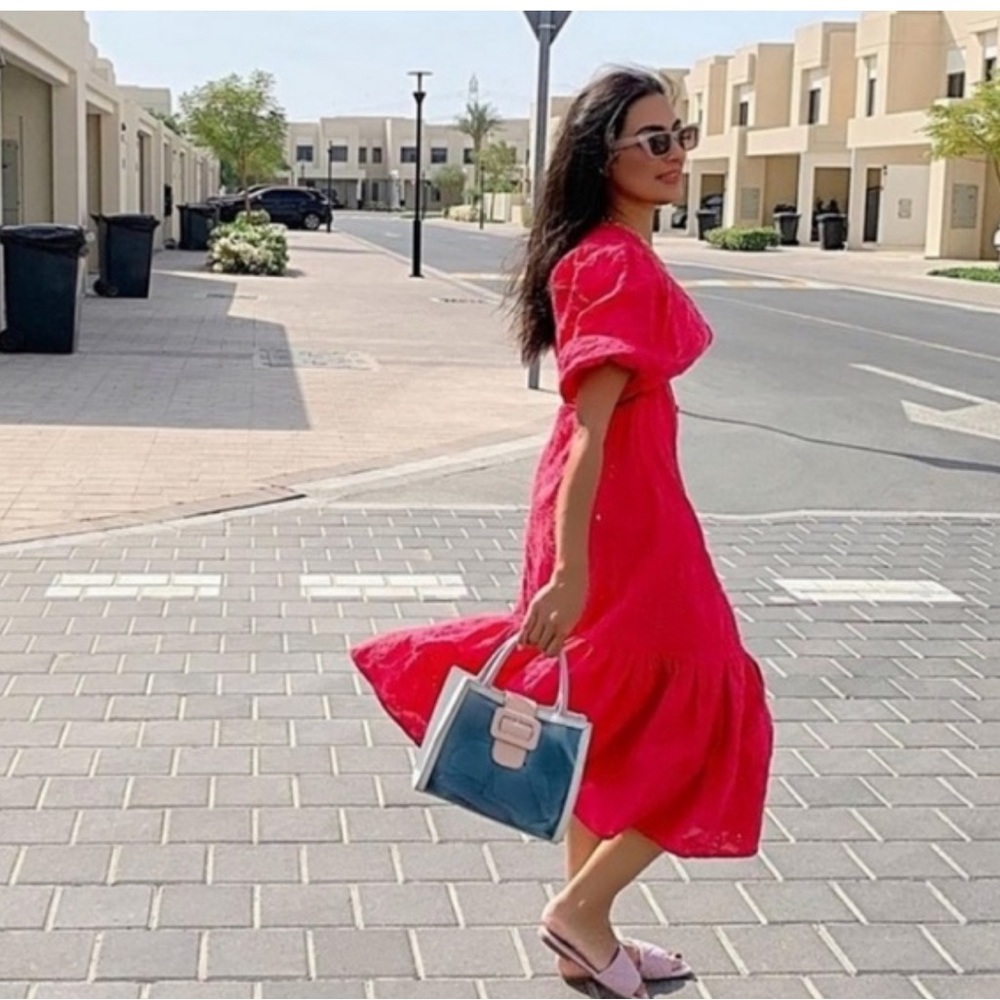 ZARA | pink embroidered dress w flared hem
